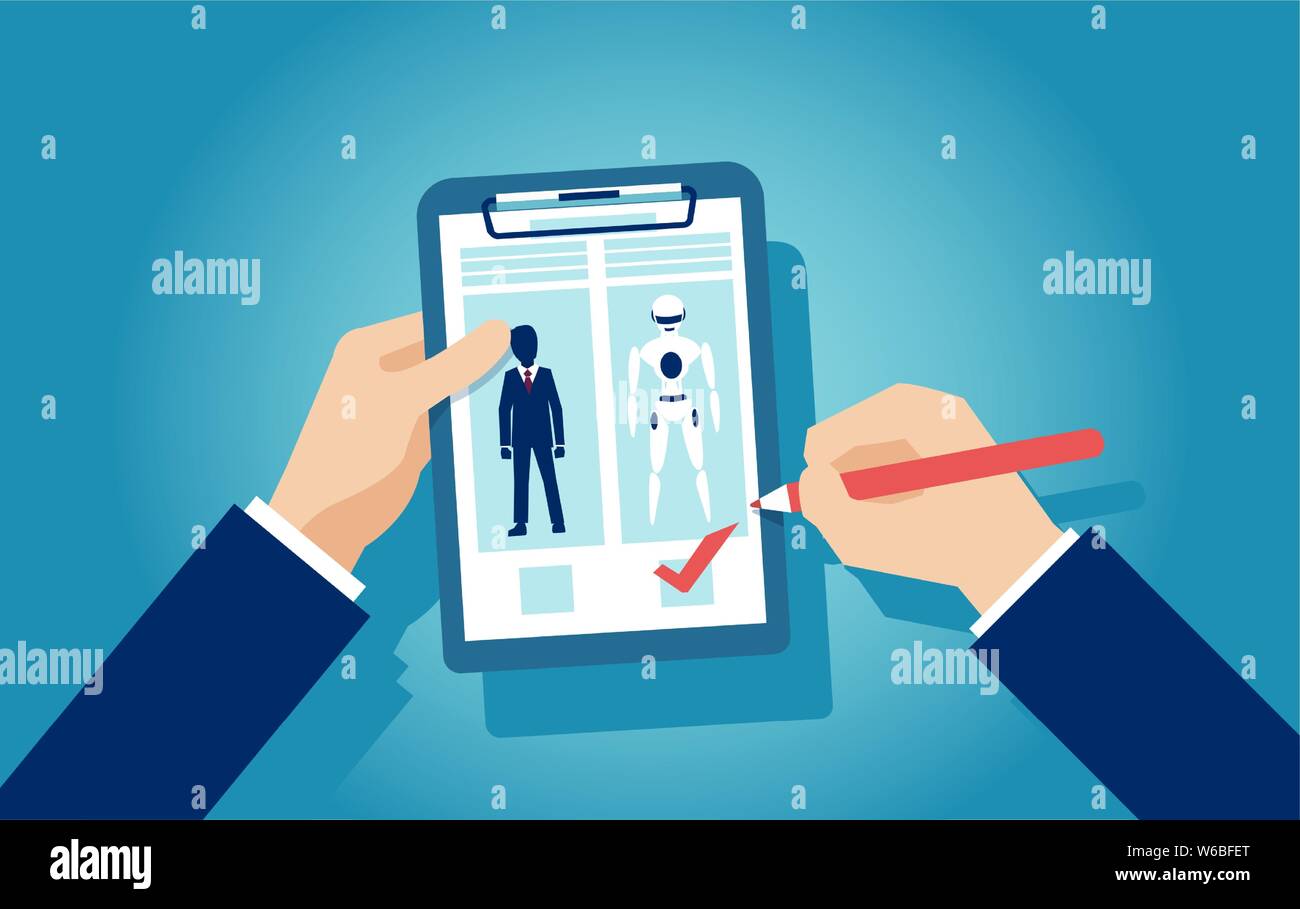 Der Vektor der Kaufmann eine Rekrutierung Entscheidung zugunsten der künstlichen Intelligenz Stock Vektor