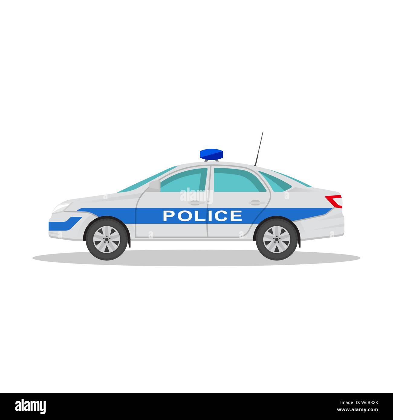 Symbol der Polizei Auto mit einem Schatten auf dem isolierten weißen Hintergrund. Das Fahrzeug im flachen Stil. Design Element. Vector Illustration. Stock Vektor