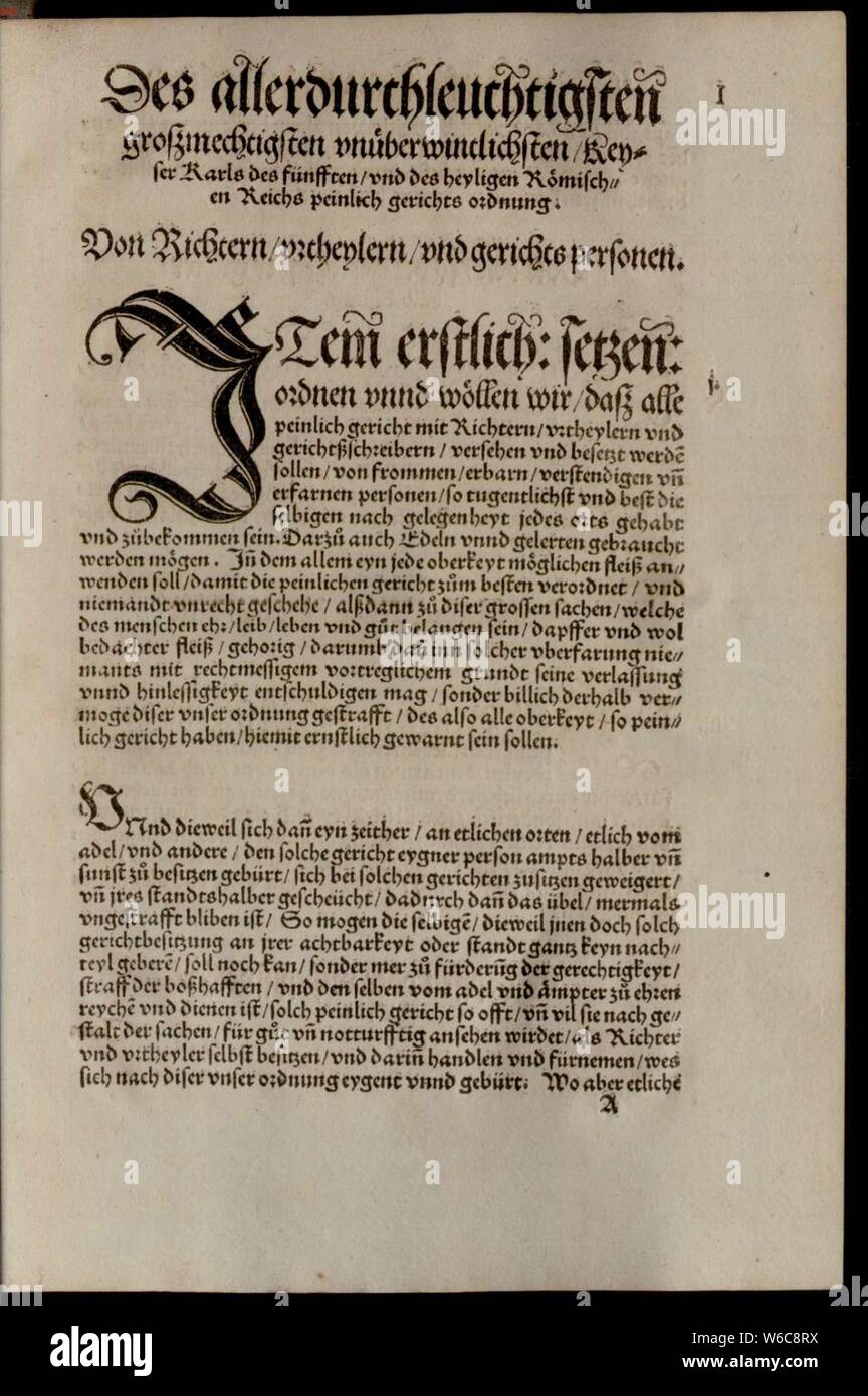 De Constitutio Criminalis Carolina (1533) 013. Stockfoto