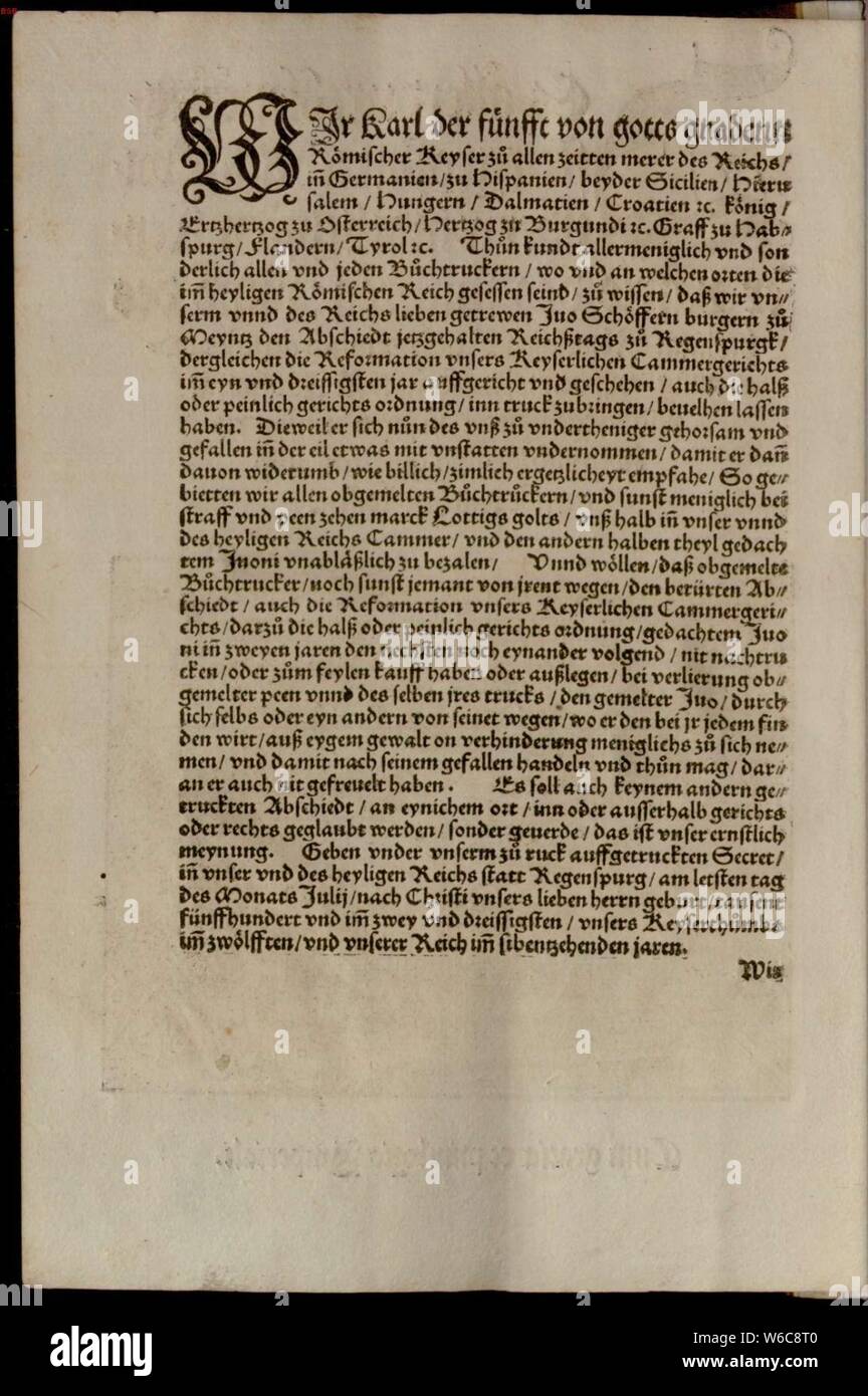 De Constitutio Criminalis Carolina (1533) 002. Stockfoto