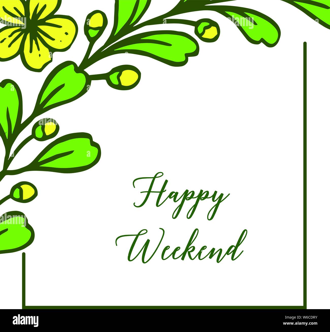 Frame Blume Gelb blüht, happy weekend Buchstaben auf weißem Hintergrund. Vector Illustration Stock Vektor