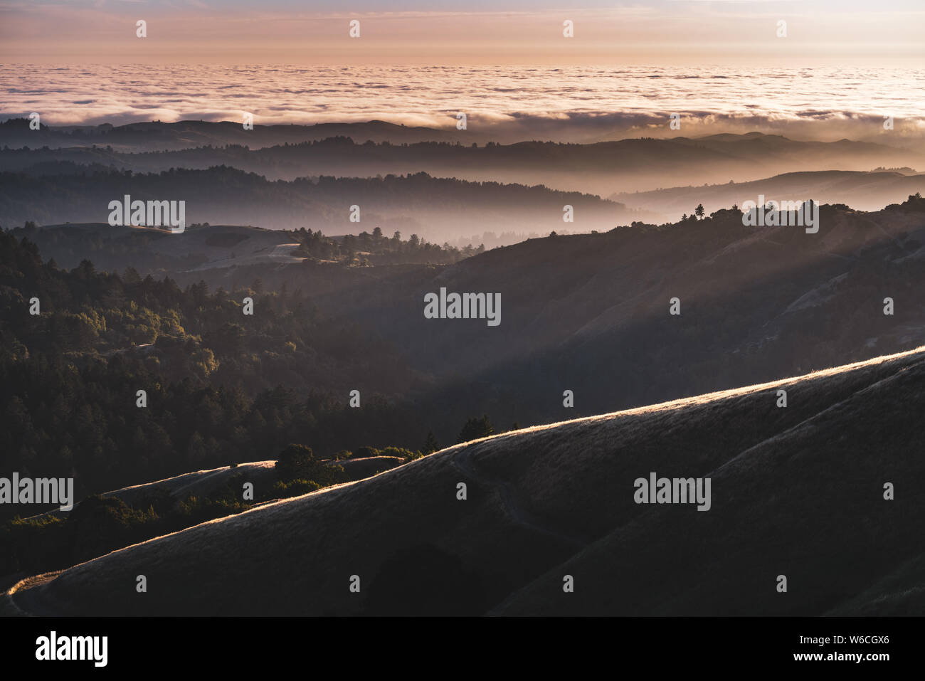 Sonnenuntergang von geschichteten Hügel und Täler durch ein Meer von Wolken in Santa Cruz Berge bedeckt; San Francisco Bay Area, Kalifornien Stockfoto