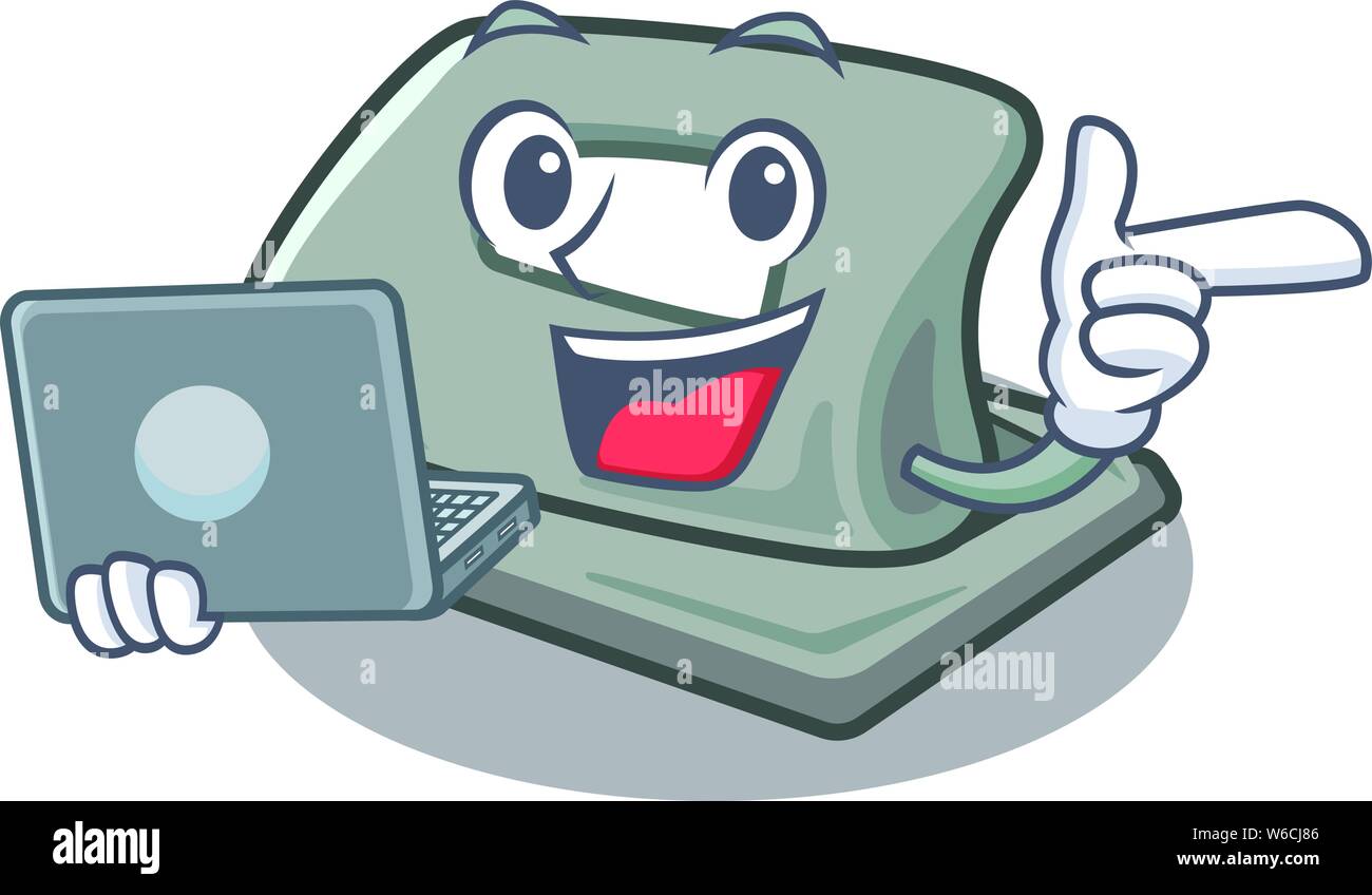Mit laptop Hole Puncher auf das Maskottchen Tabelle Vector Illustration Stock Vektor