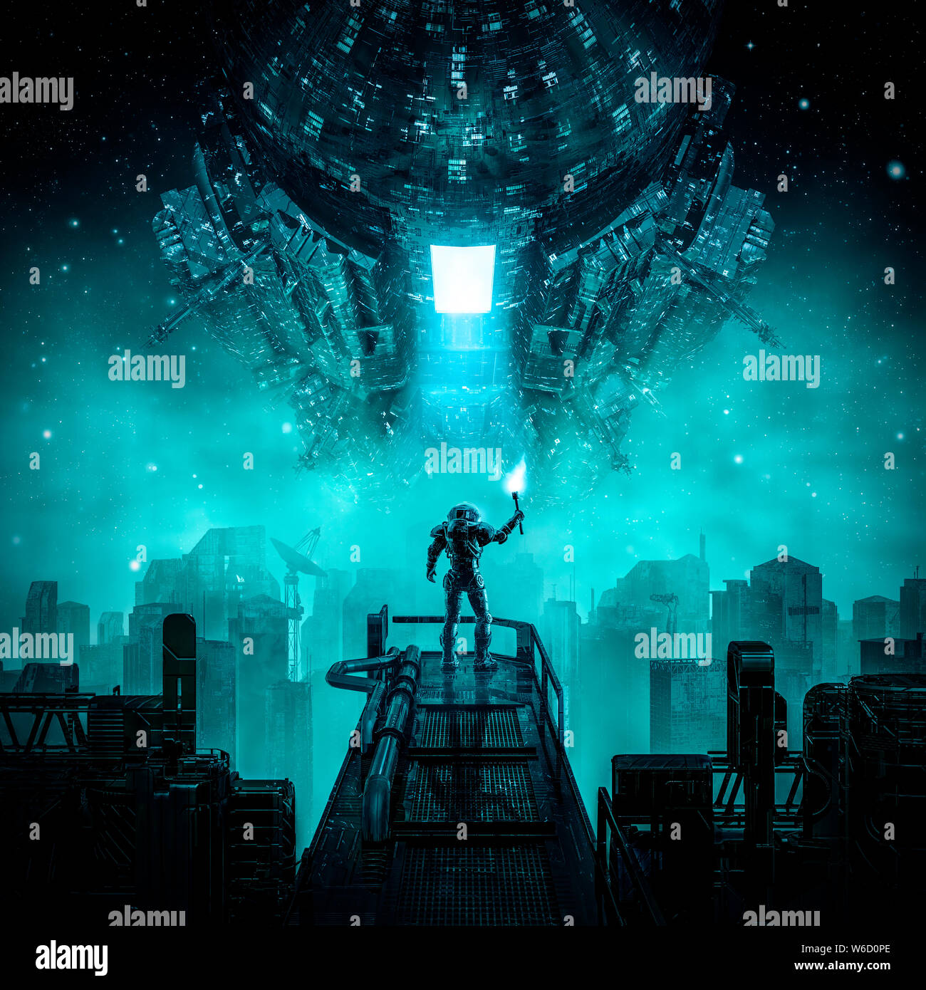 Hitching a ride/3D-Darstellung der einsame Astronaut Signalisierung riesigen Raumschiff mit Fackel über verlassene Space Colony Stockfoto