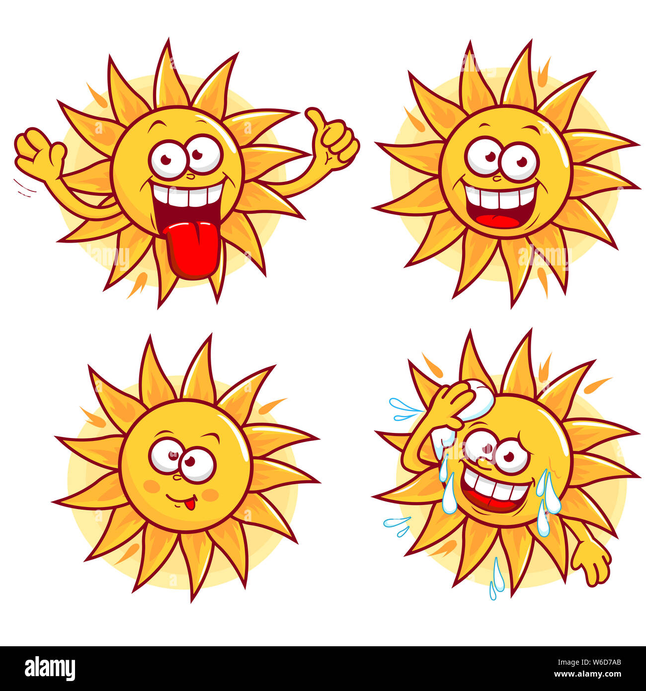 Ein Cartoon lustige Sommer Sonne gesetzt. Ein cartoon Sun einen Daumen nach oben Geste, ein Lächeln, ein lustiges Gesicht und wischt den Schweiß an einem heißen Tag. Stockfoto