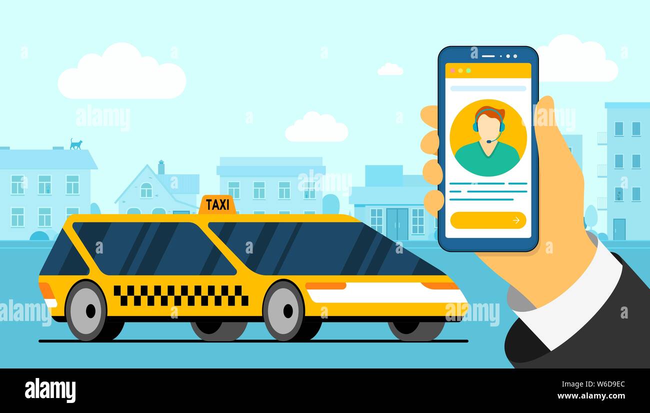 Hand hält Smartphone mit Taxifahrer Avatar und moderne gelbe Auto auf Stadtbild Straße. Online Delivery Dispatcher Order Service Anwendung. Holen Sie sich Taxi-App in Stadt flach Vektor Illustration Stock Vektor