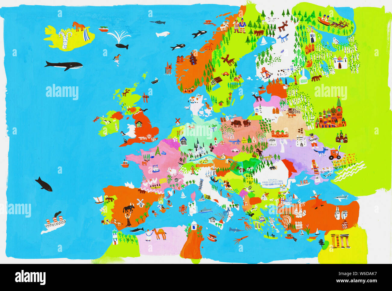 Illustrierte Karte der Europäischen Kultur und Tierwelt Stockfoto