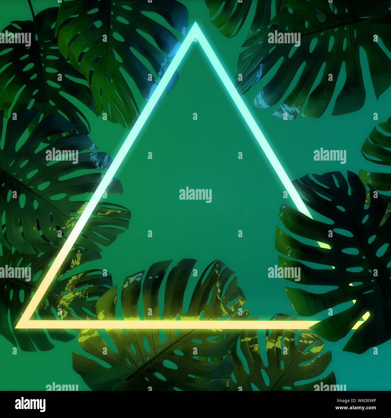 Leuchtende Neon Licht mit tropischen monstera Blatt. 3D-Rendering Stockfoto