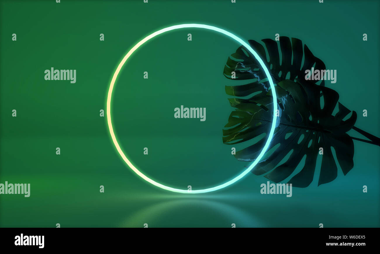Leuchtende Neon Licht mit tropischen monstera Blatt. 3D-Rendering Stockfoto