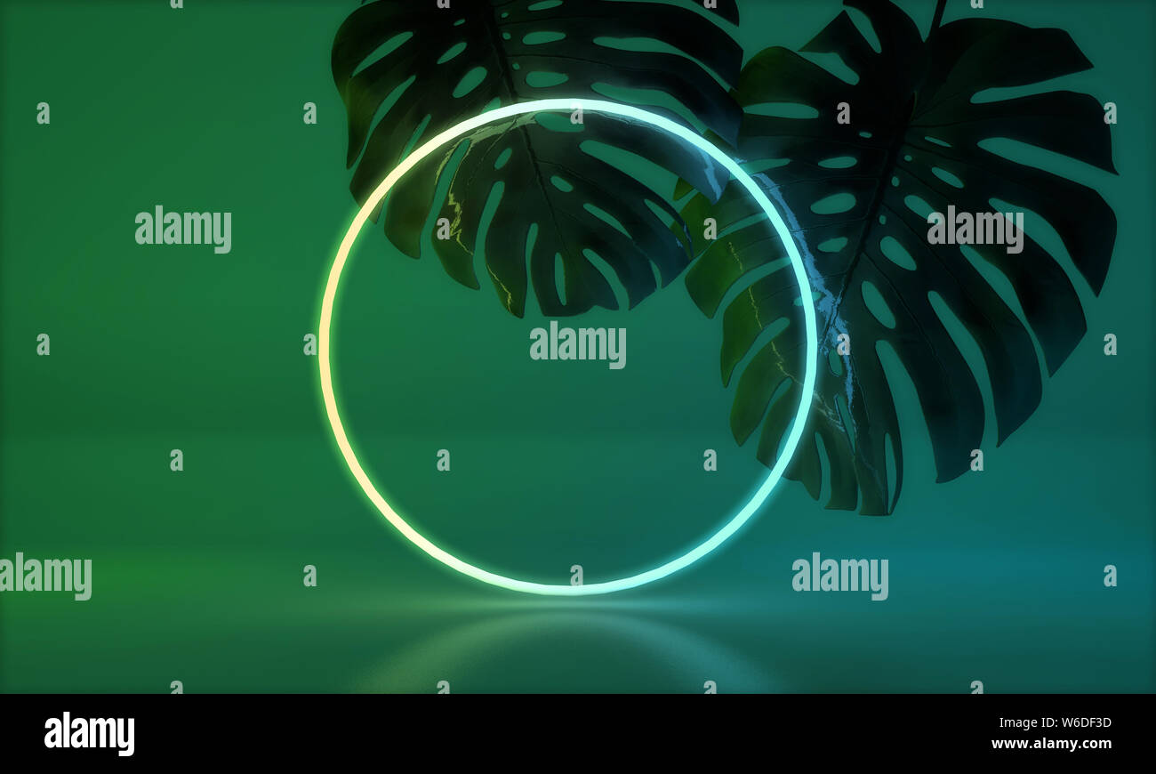 Leuchtende Neon Licht mit tropischen monstera Blatt. 3D-Rendering Stockfoto