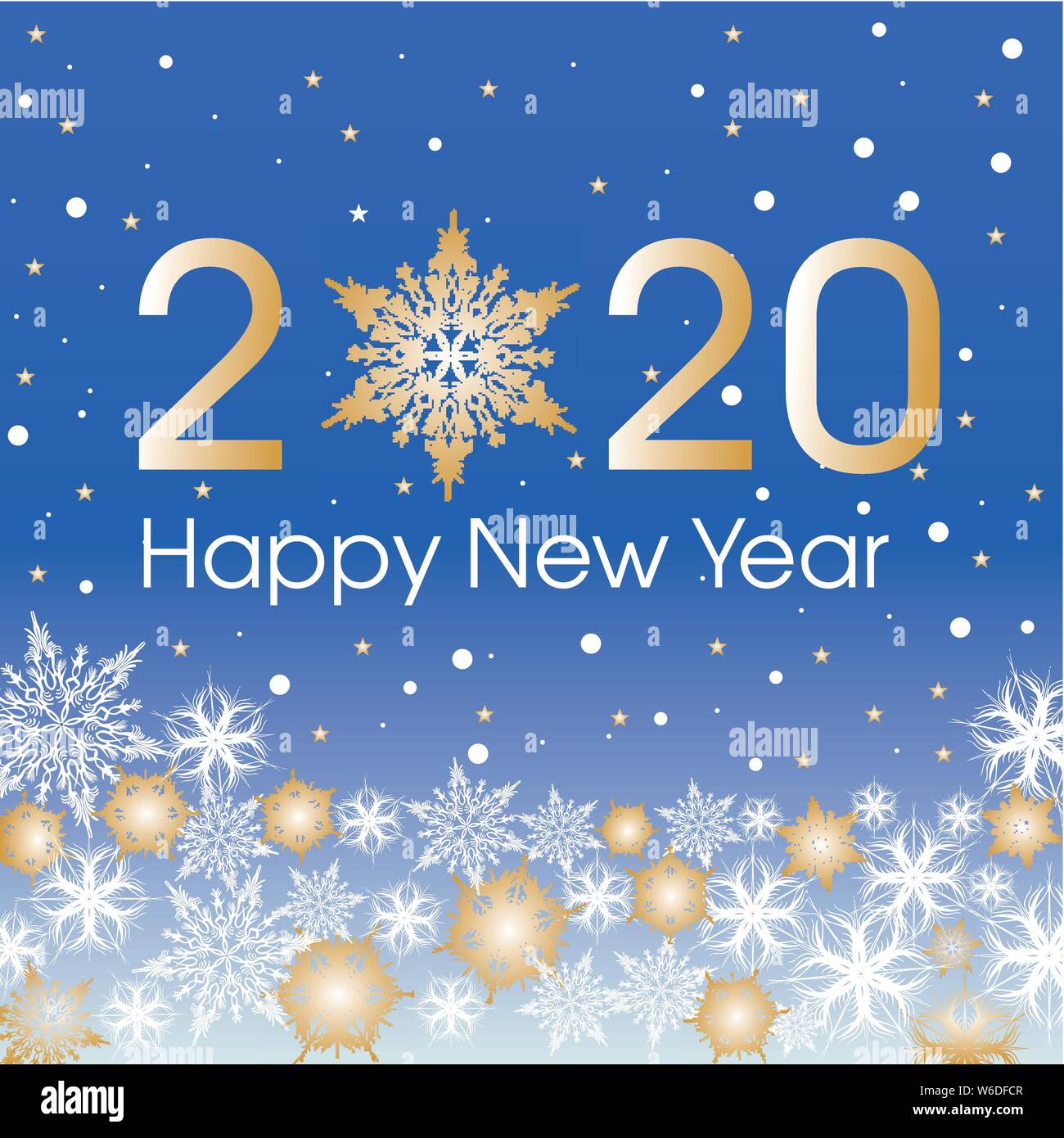 2020 Happy New Year Karte Vorlage. Design patern Schneeflocken weiß, gold und blau. Stock Vektor