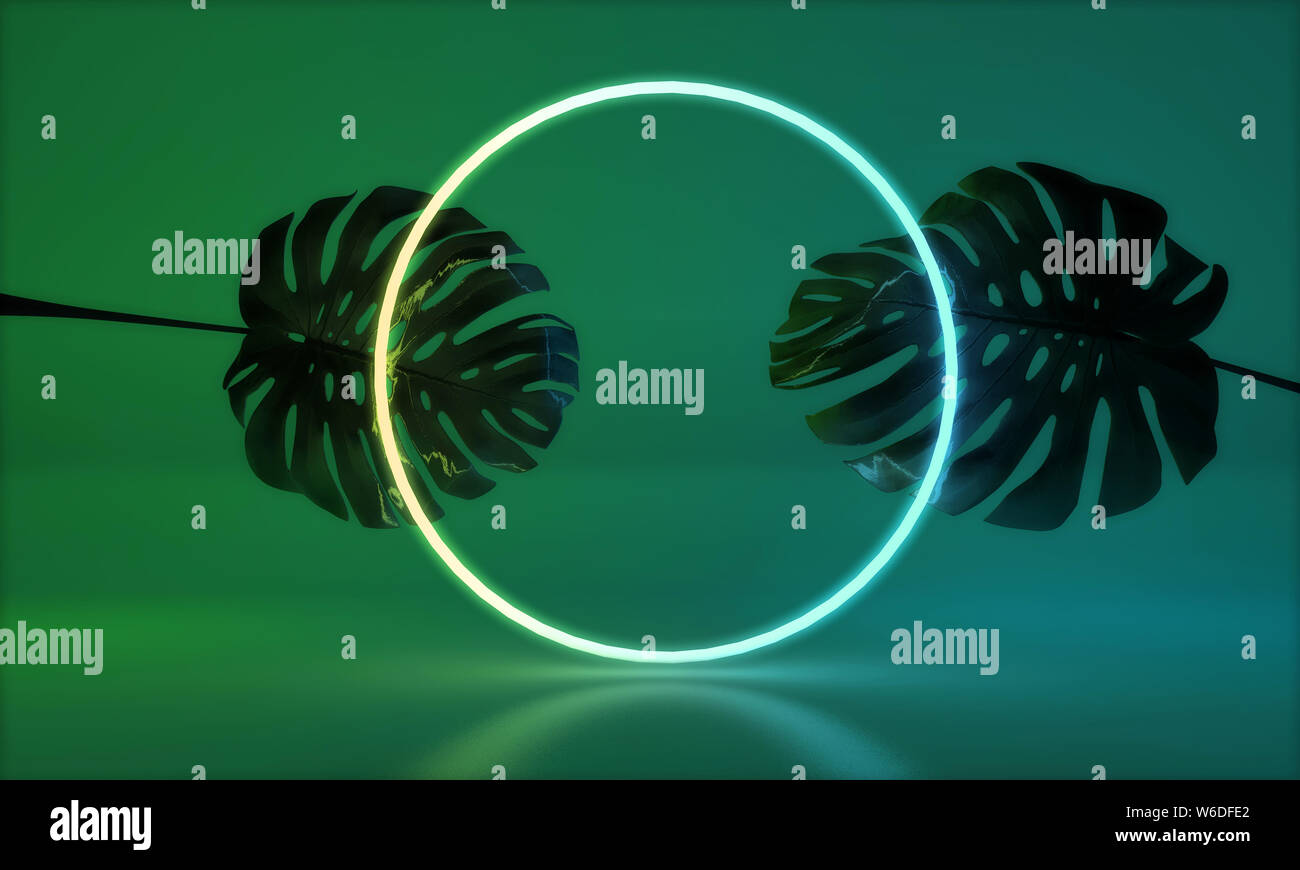 Leuchtende Neon Licht mit tropischen monstera Blatt. 3D-Rendering Stockfoto