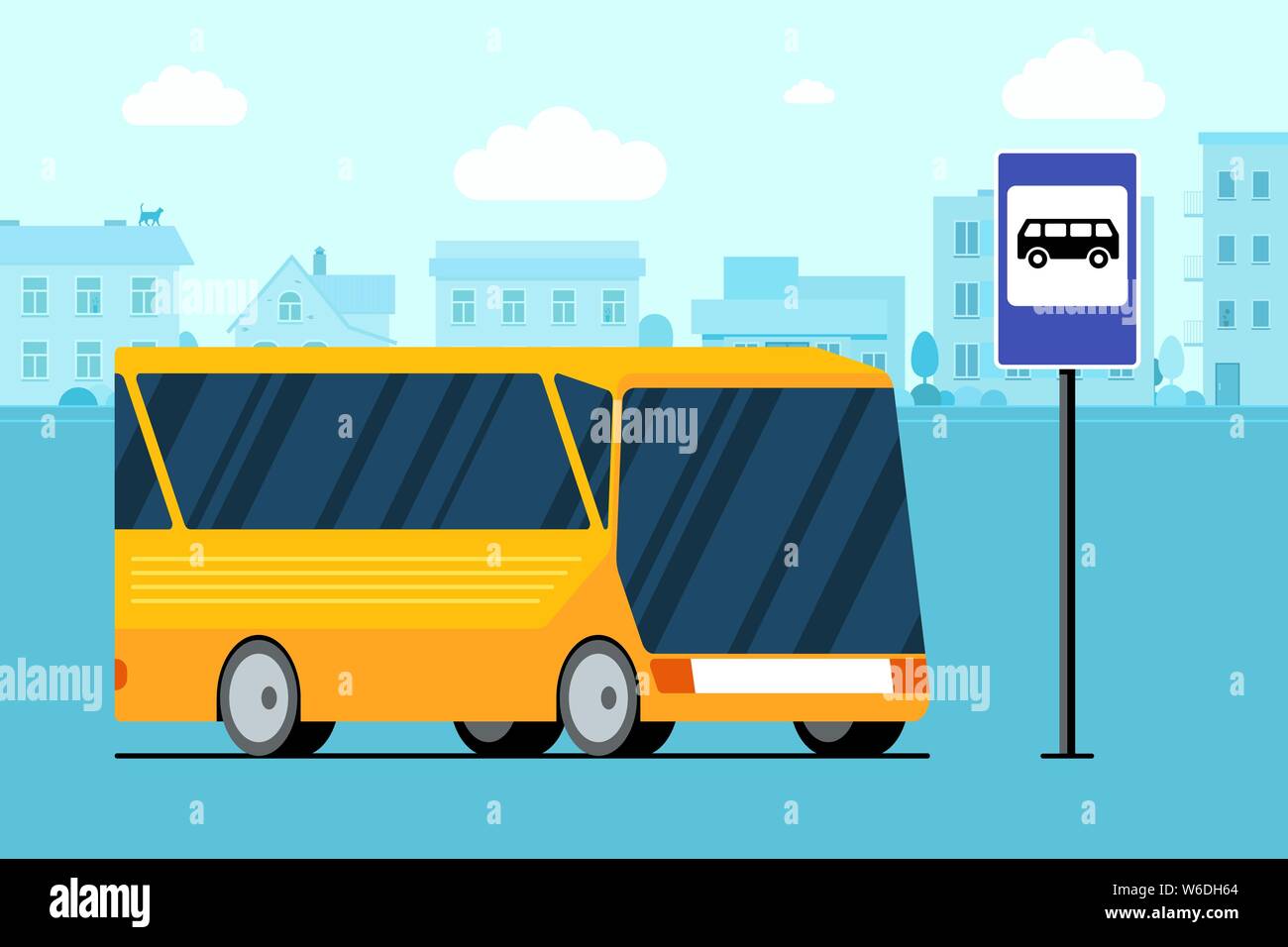 Gelbes modernes Verkehrsmittel Bus auf stadtbild Road in der Nähe von Bushaltestelle unterzeichnen. Vektor flachbild Illustration für die Personenbeförderung Verkehr service Stock Vektor