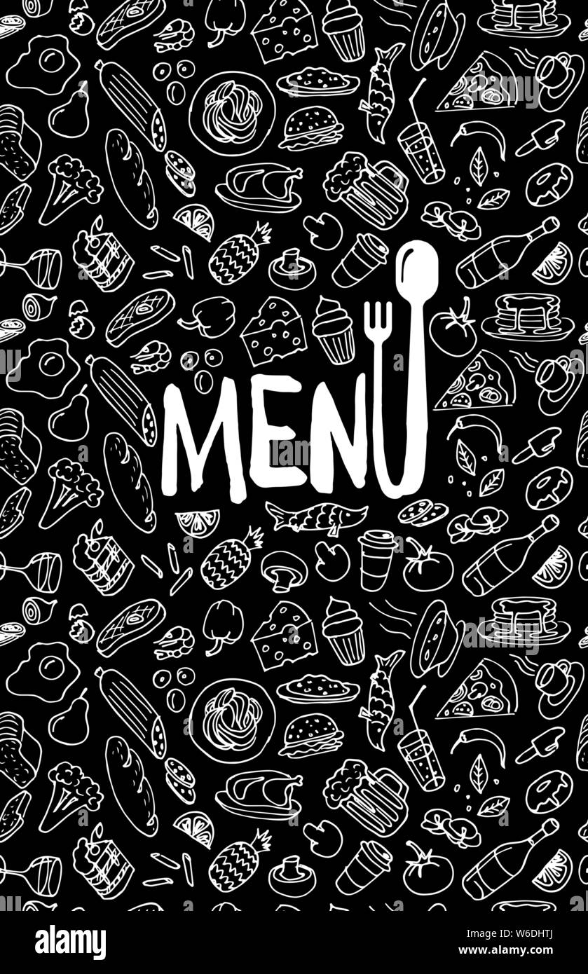 Café Restaurant Menü Abdeckung Design Vorlage. Titelseite mit handgezeichneter Lebensmittelkritzel Umriss farbige Skizze schwarz Muster. Vektor-Darstellung des Kochelements Stock Vektor