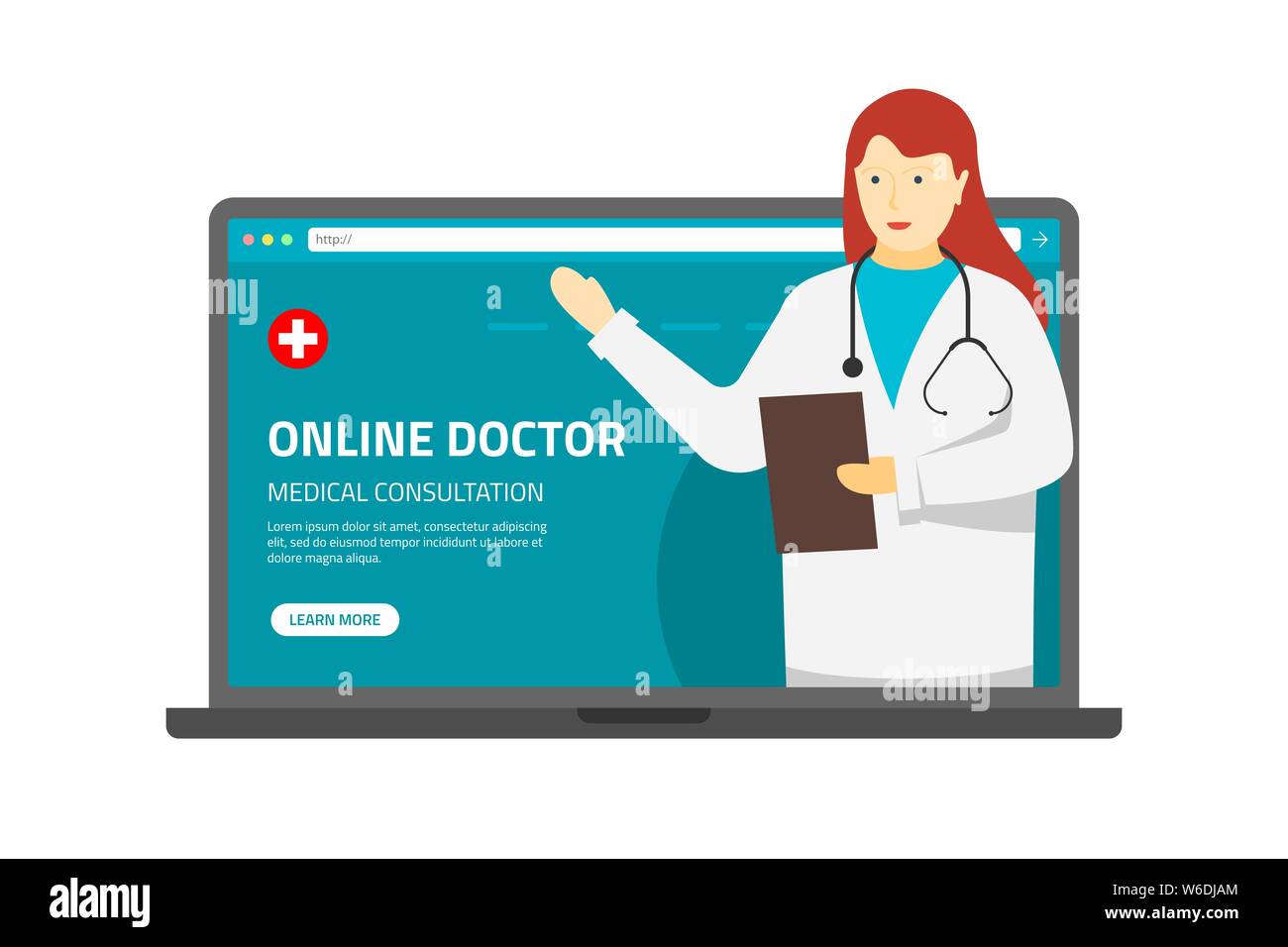 Health Care Online-Beratung konzeptionelle Banner. Medizinische Internet-Hilfe. Weibliche Ärztin gibt medizinische Informationen. Der Patient verwendet einen Laptop für die Online-Diagnose. Vektor-eps-Abbildung Stock Vektor