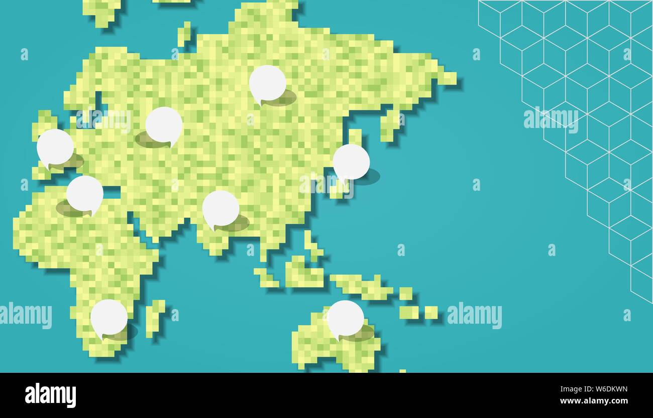 Osten Weltkarte Abbildung aus grüne Pixel. Abstrakte geometrische pixel Planeten mit der leere Raum Blasen in Europa, Asien, Afrika, Australien cit Stock Vektor