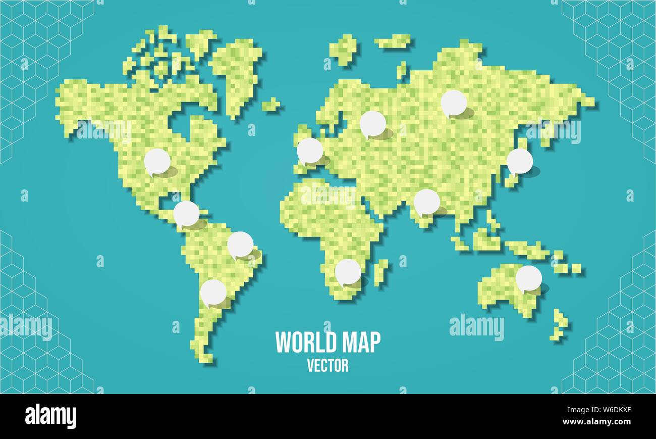Welt Karte Abbildung aus grüne Pixel. Abstrakte geometrische pixel Planeten mit der leere Raum Blasen in der weltweiten Standorte. Stock Vektor
