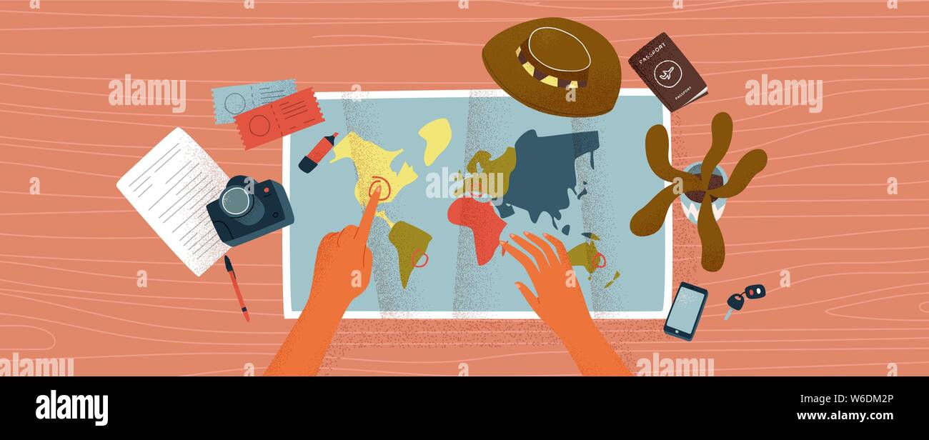 Frau Hände zeigen auf Weltkarte Reiseziele auf Holz. Travel plan Konzept oder Urlaub Reise Organisation Abbildung mit Flugtickets Stock Vektor