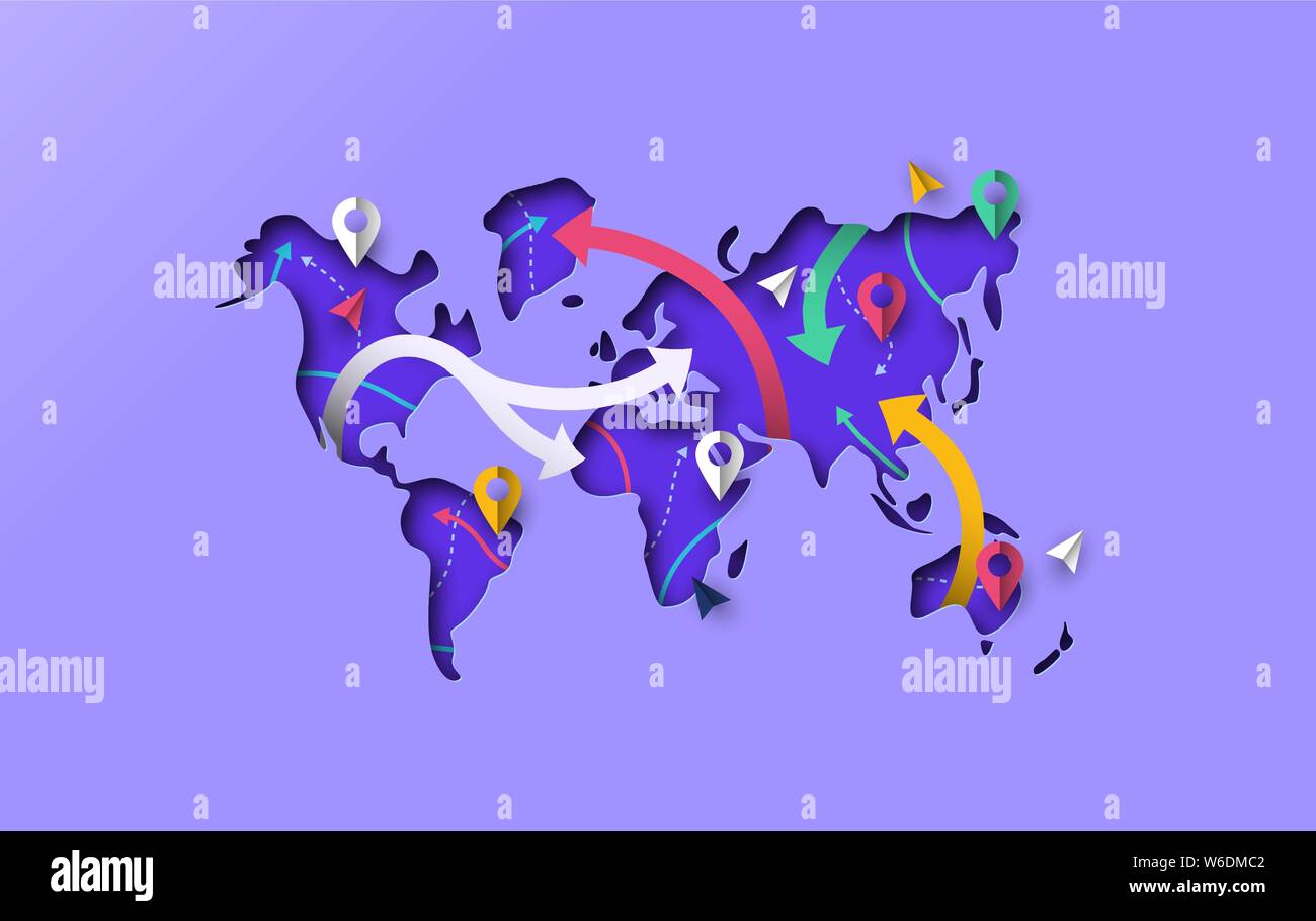 Papercut Weltkarte mit modernen gps-Zeiger Symbol und Papier Pfeile. Bunte 3d-ausschnitt Illustration für Navigation app oder International Travel Concept. Stock Vektor