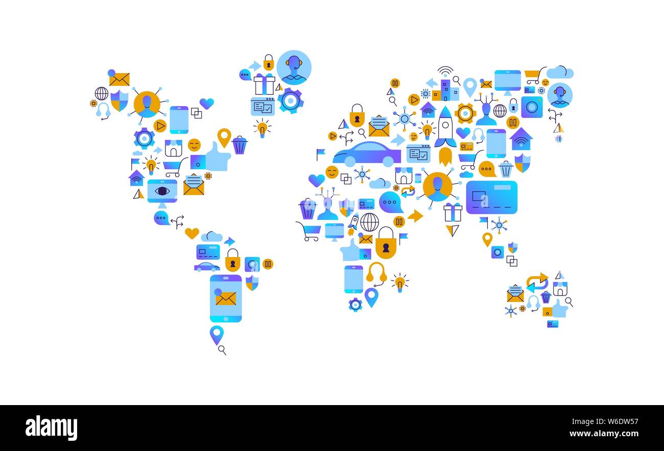 Welt Karte Abbildung der Technologie lifestyle Konzept Symbole in modernen Flachbild Farbverlauf. Telefon App, home security und Smart auto Symbole. Stock Vektor