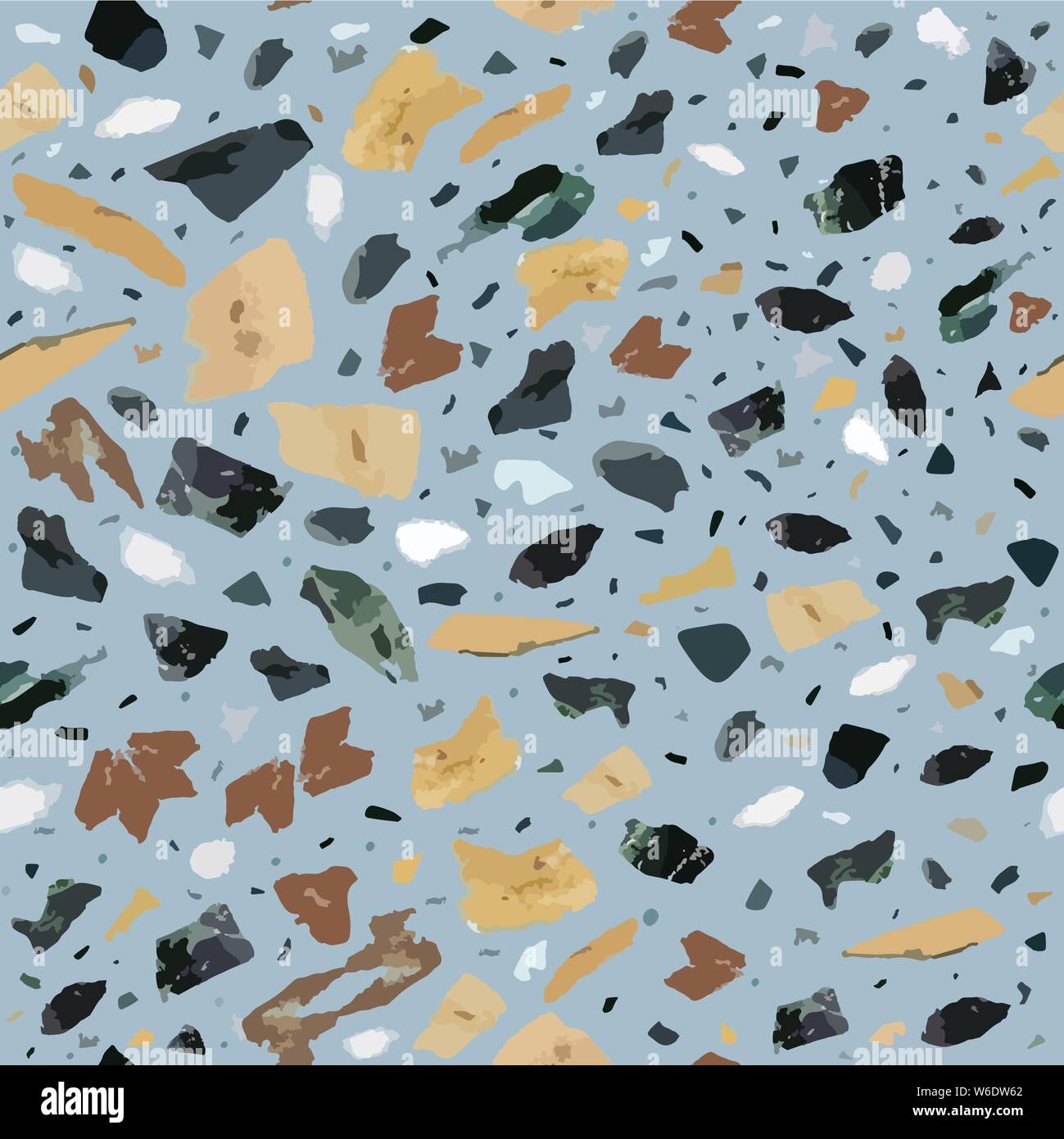 Bunte terrazzo Bodenbelag nahtlose Muster mit realistischen Farben Steine und Felsen auf blauem Hintergrund. Traditionelle Stein material Kachel Abbildung. Stock Vektor