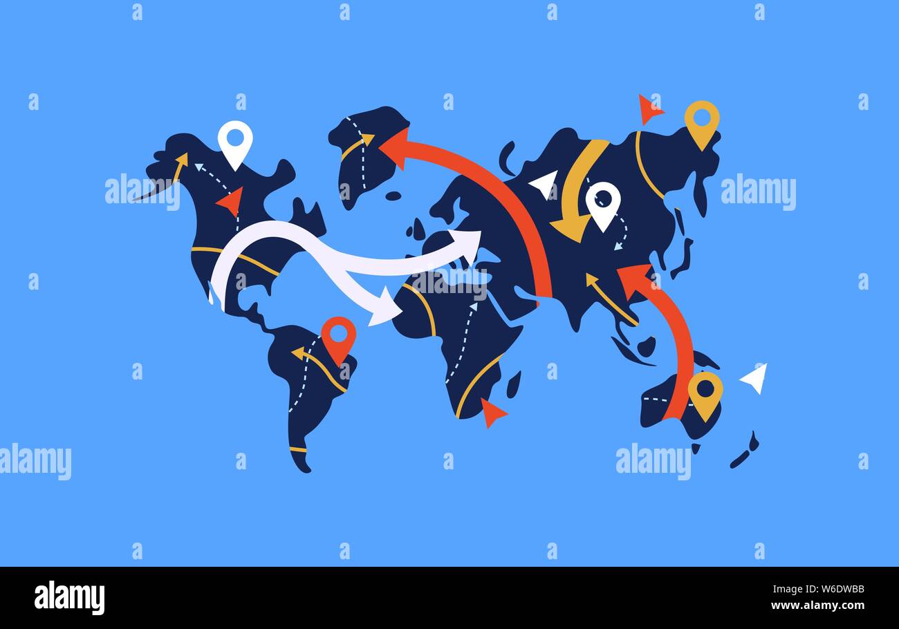 Welt Karte Abbildung mit modernen gps-Zeiger Symbol und Route Pfeile. Blaue Farbe Konzept zur Navigation app oder International Travel Design. Stock Vektor