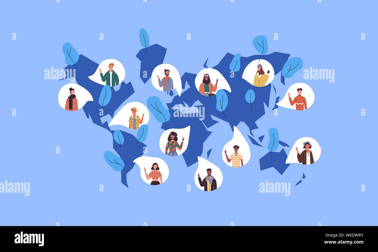 Soziale Welt Karte Abbildung mit diversen internationalen Menschen Symbole aus der weltweiten Kulturen. Multi-ethnische Frauen und Männer Masse für globale communicati Stock Vektor