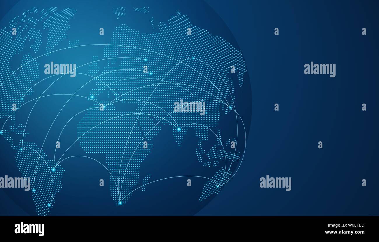 Moderne blaue Welt Karte Abbildung mit futuristischen Digital Network Connection. Internet Kommunikation Konzept oder Travel Design in gekrümmten Welt perspec Stock Vektor