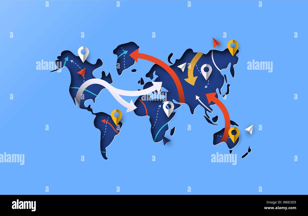 Papercut Weltkarte mit GPS-Symbole und Papier route Pfeile. Moderne blaue Farbe Abbildung in 3D-Ausschnitt Stil für Globe Navigation oder Travel App Konzept Stock Vektor