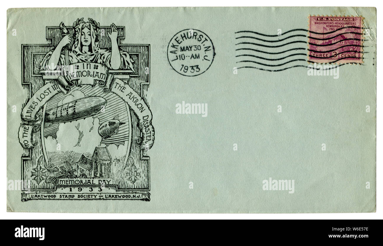 Lakehurst, New Jersey, USA - 30. Mai 1933: Uns historische Umschlag: blau Abdeckung mit einem Gütesiegel Die USS Akron (ZRS-4) Katastrophe, Memorial Day, Luftschiff Stockfoto