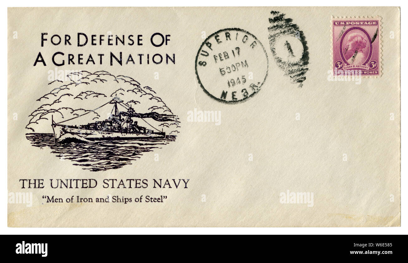 Superior, Nebraska, USA - 17. Februar 1945: US-historischen Umschlag: Abdeckung mit Gütesiegel für die Verteidigung einer großen Nation der United States Navy. Stockfoto