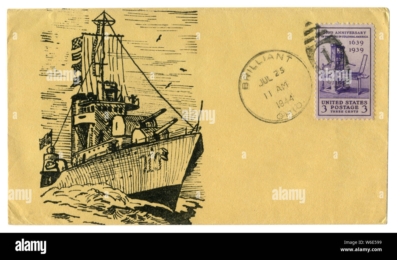 Brillante, Ohio, USA - 25. Juli 1944: Uns historische Umschlag: Abdeckung mit Gütesiegel United marine Kriegsschiff, Briefmarke Stephen Daye drücken Sie Stockfoto