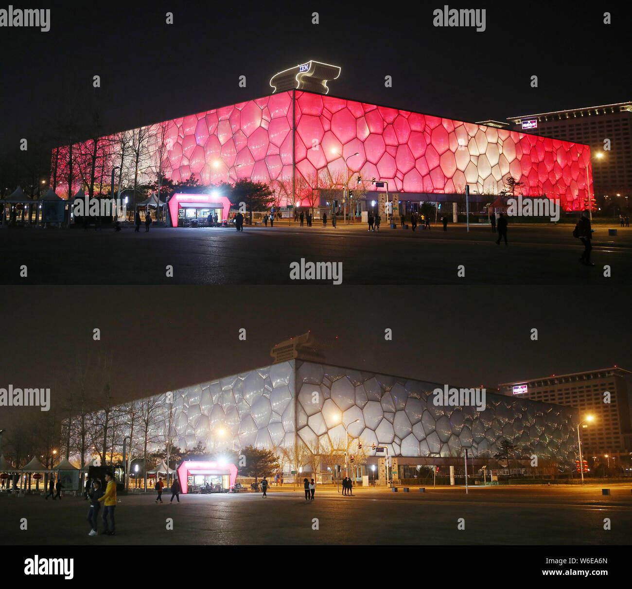 Dieser zusammengesetzte Foto zeigt der China National Aquatics Centre, besser bekannt als "Water Cube", vor (oben) und während der Earth Hour Kampagne in Sein Stockfoto