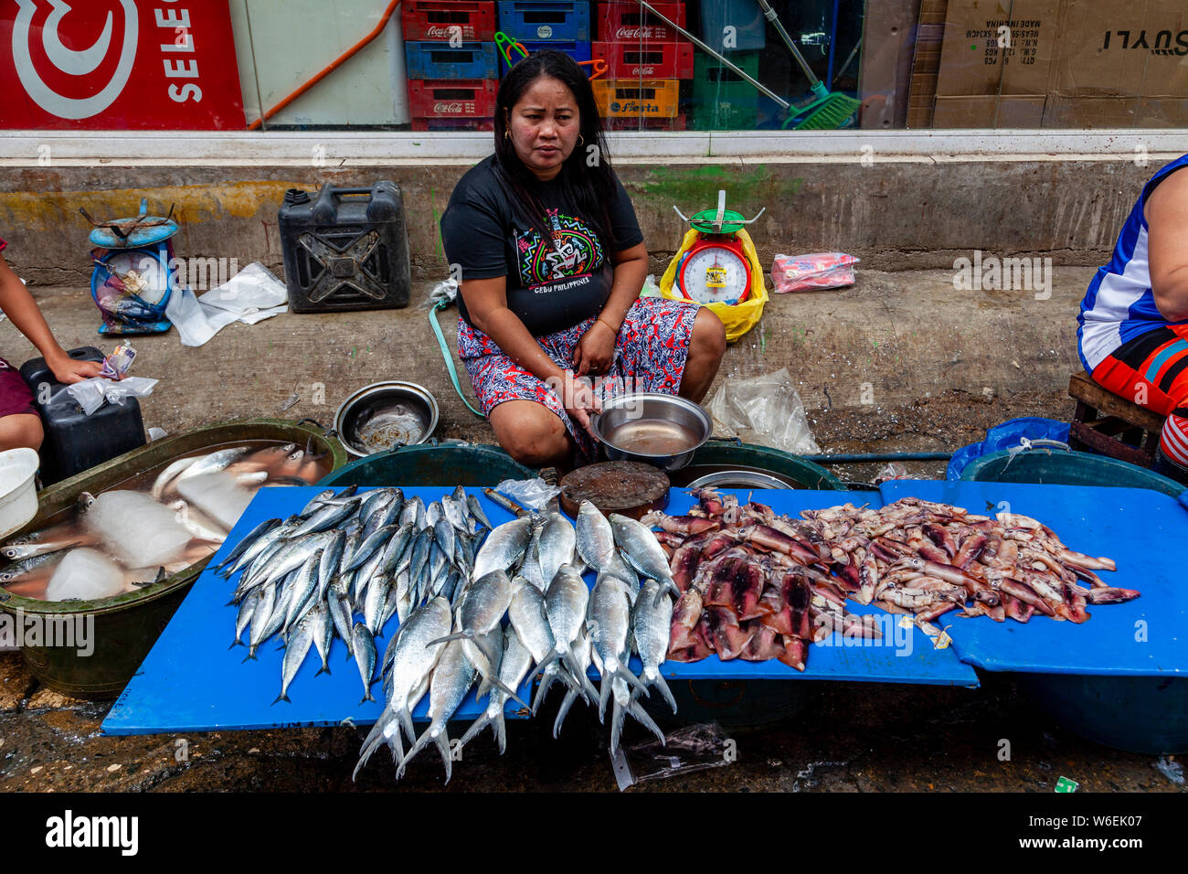 Eine lokale Frau Verkauf von Fisch und Meeresfrüchte im CO2-Markt, Cebu City, Cebu, Philippinen Stockfoto