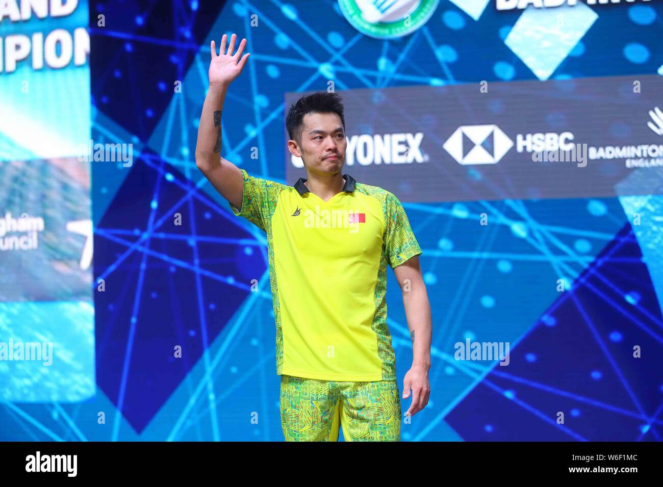 Lin Dan von China wird dargestellt, nach dem letzten Spiel der männlichen Singles während der YONEX All England Open Badminton Championships 2018 in Birmingham, Stockfoto