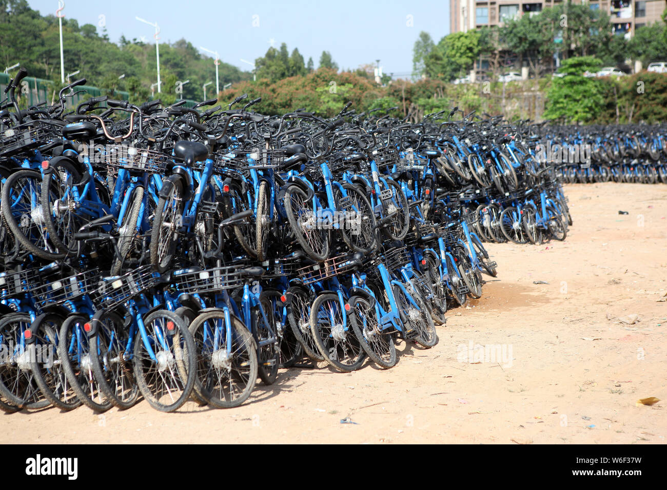 Ein Blick auf Bluegogo Gemeinschafts-Fahrräder der chinesischen Taxifahrer hageln und Car-sharing service Didi Chuxing cramming einen Parkplatz in Shenzhen City, South China Stockfoto