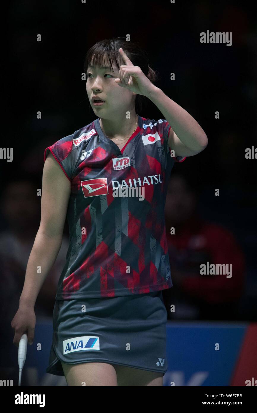 Nozomi Okuhara von Japan ist im Viertelfinale der Damen gegen S. V. Sindhu von Indien während der YONEX All England Open Stockfoto