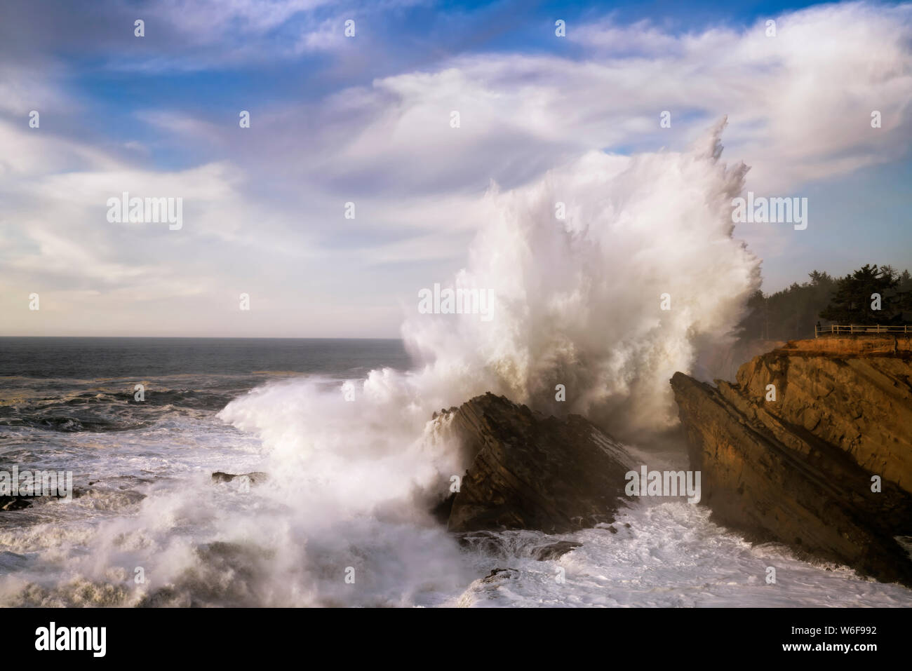 Massive Welle explodiert gegen die Sandsteinfelsen bei Shore Acres Park an der südlichen Küste von Oregon. Stockfoto