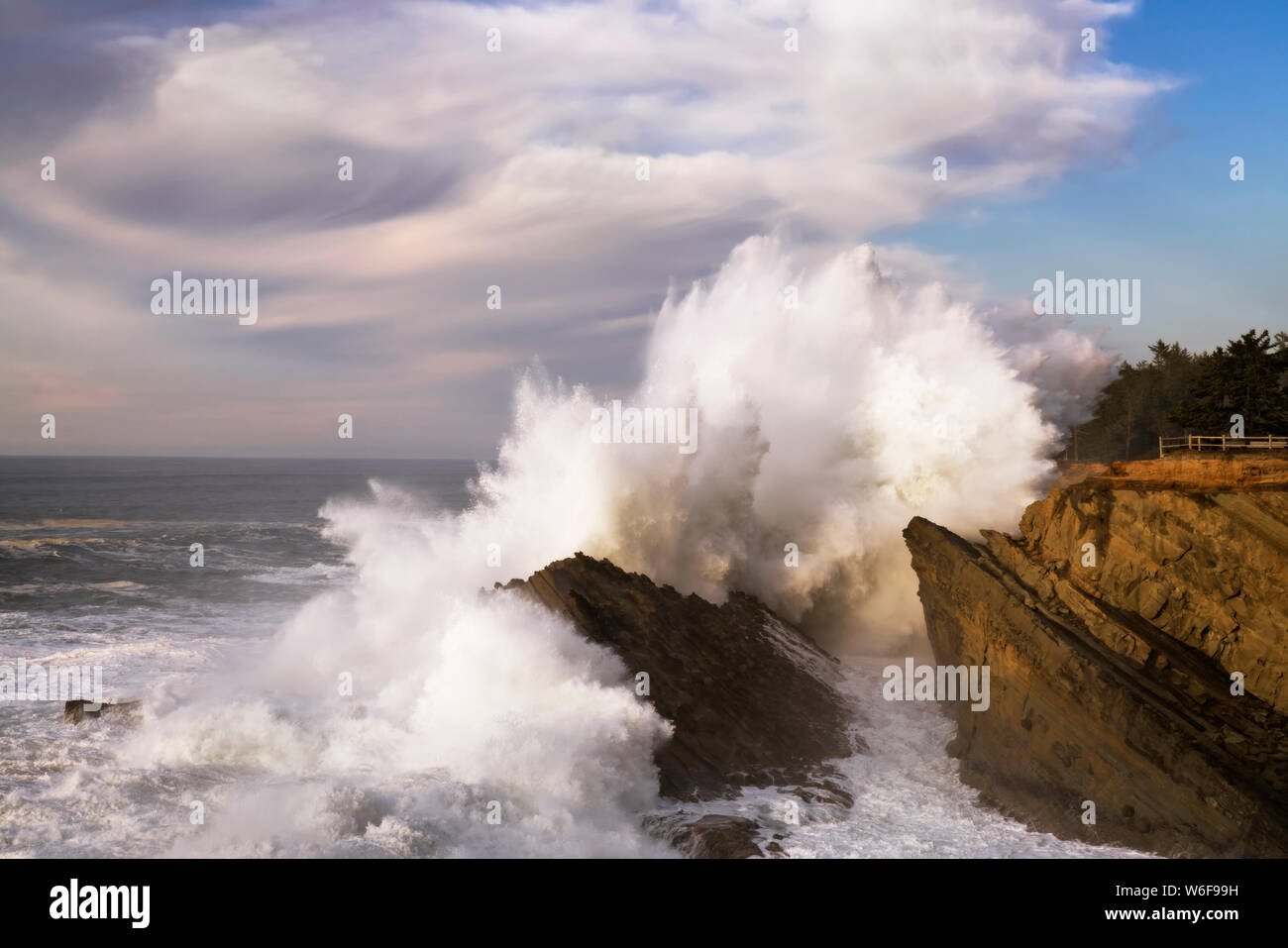 Massive Welle explodiert gegen die Sandsteinfelsen bei Shore Acres Park an der südlichen Küste von Oregon. Stockfoto