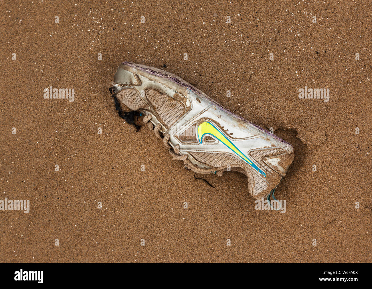 Single Trainingsschuh mit Nike Branding auf einem Strand bei Ebbe gefunden Stockfoto