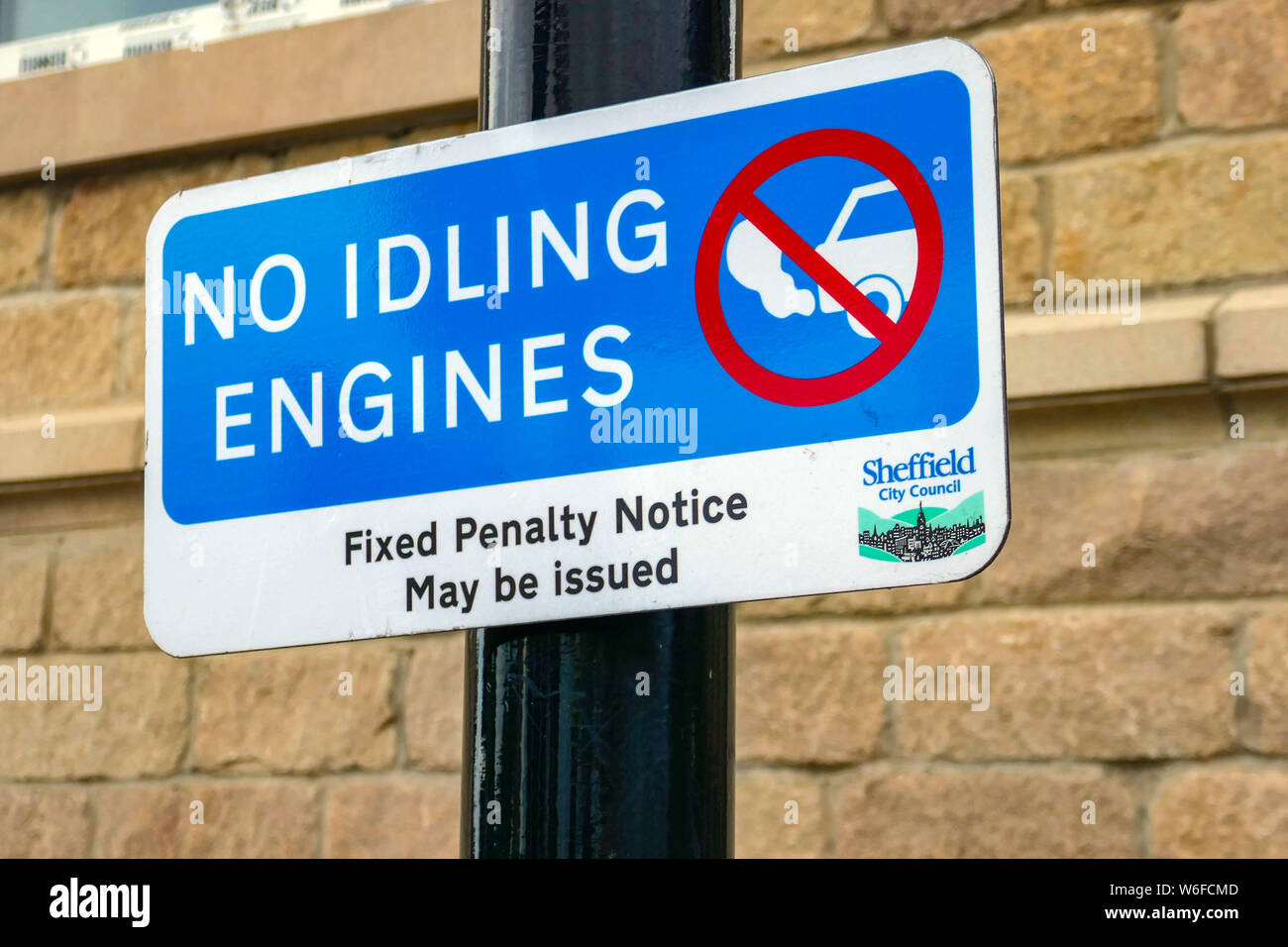 Kein Leerlauf Motoren Zeichen, Stadt, Sheffield, South Yorkshire, England, Großbritannien Stockfoto