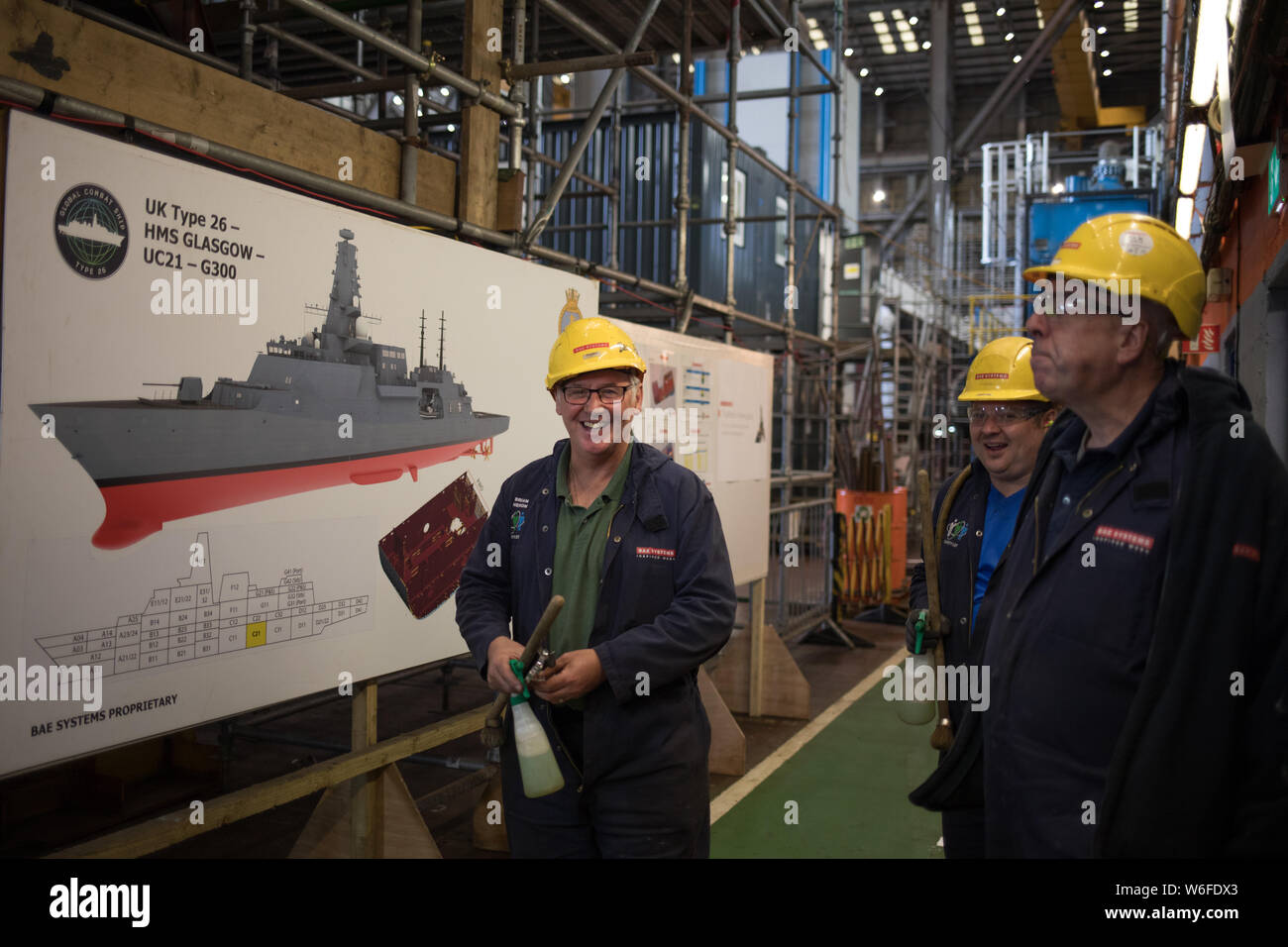 Das Gebäude des 1st-in-Klasse Typ 26 globalen Bekämpfung der HMS Glasgow, bei BAE Systems Govan, Glasgow, Schottland, am 11. Juli 2019. Stockfoto