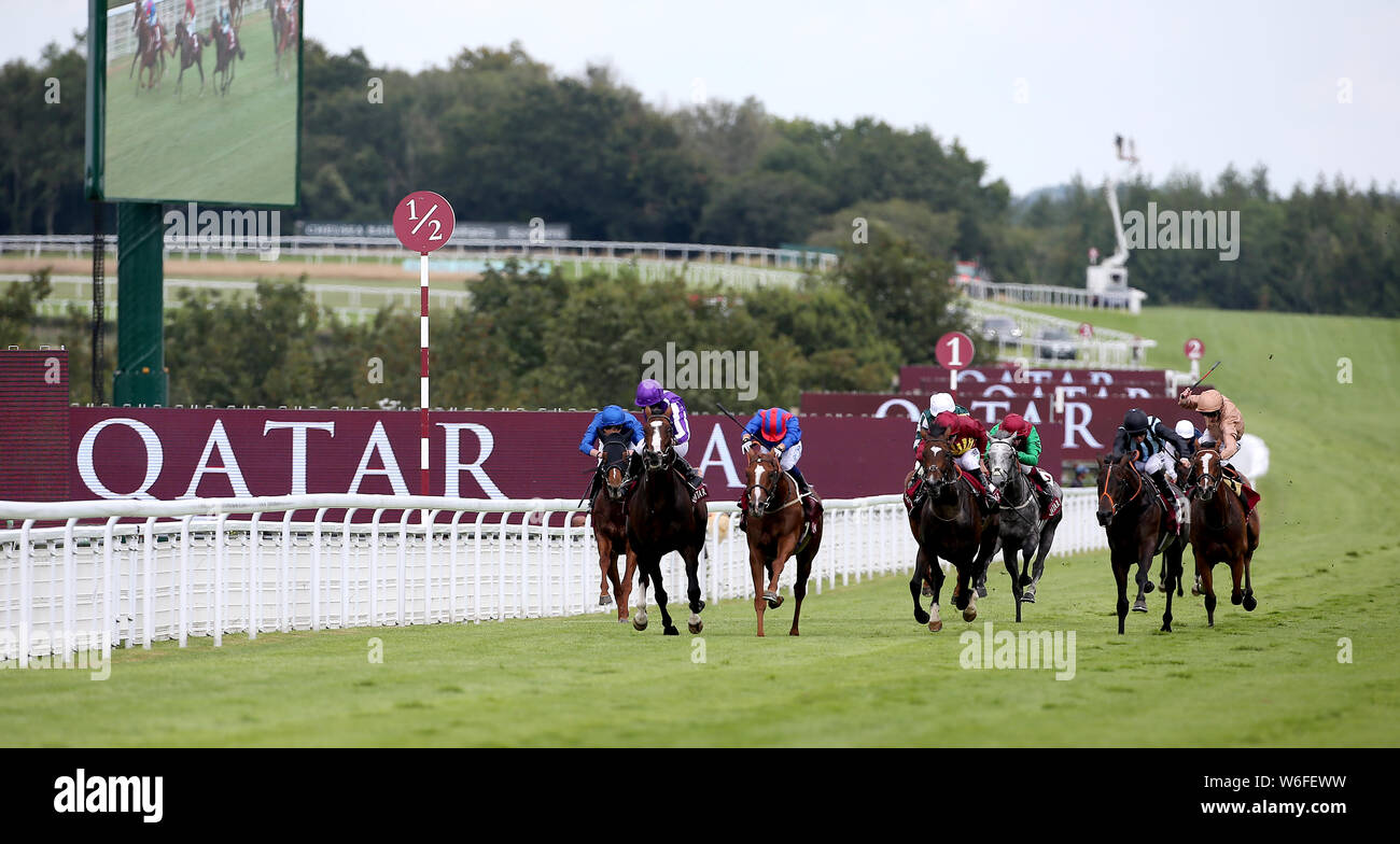 Nayef Straße geritten von Jockey Silvestre de Sousa (blaue und rote Seide) coming home die Qatar Gordon Einsätze bei Tag drei der Qatar Goodwood Festival in Goodwood Pferderennbahn, Chichester zu gewinnen. Stockfoto