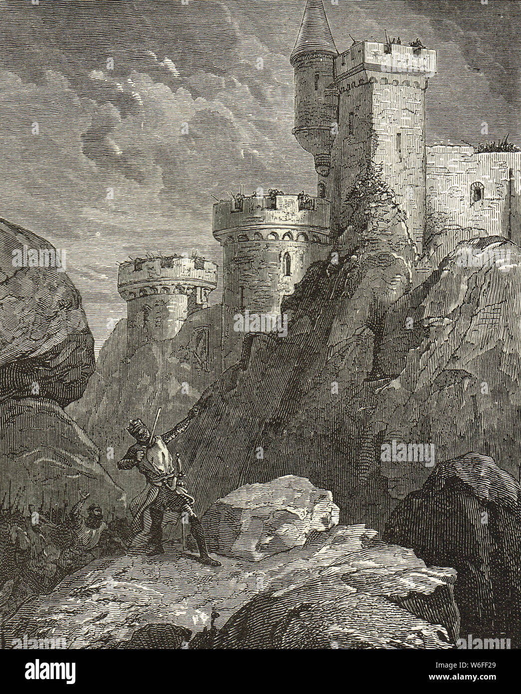 König Richard I. (Löwenherz) tödlich verwundet, Burg Chalus, 25. März 1199, Chateau de Chalus-Chabrol, Haute-Vienne, Frankreich Stockfoto