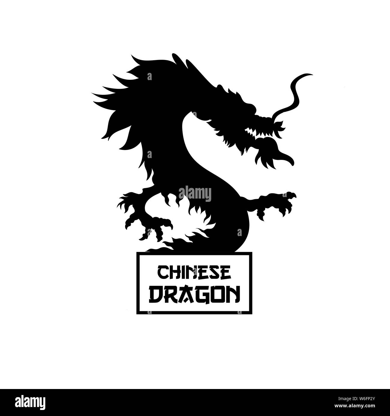 Chinesischer Drache schwarze Silhouette Vector Illustration. Traditionelle Chinesische mythologischen Kreatur. Legendäre Schlange monochrom Skizze mit stilisierten Schriftzug im Rahmen. Orientalische Neues Jahr, Plakat, Postkarte Stock Vektor