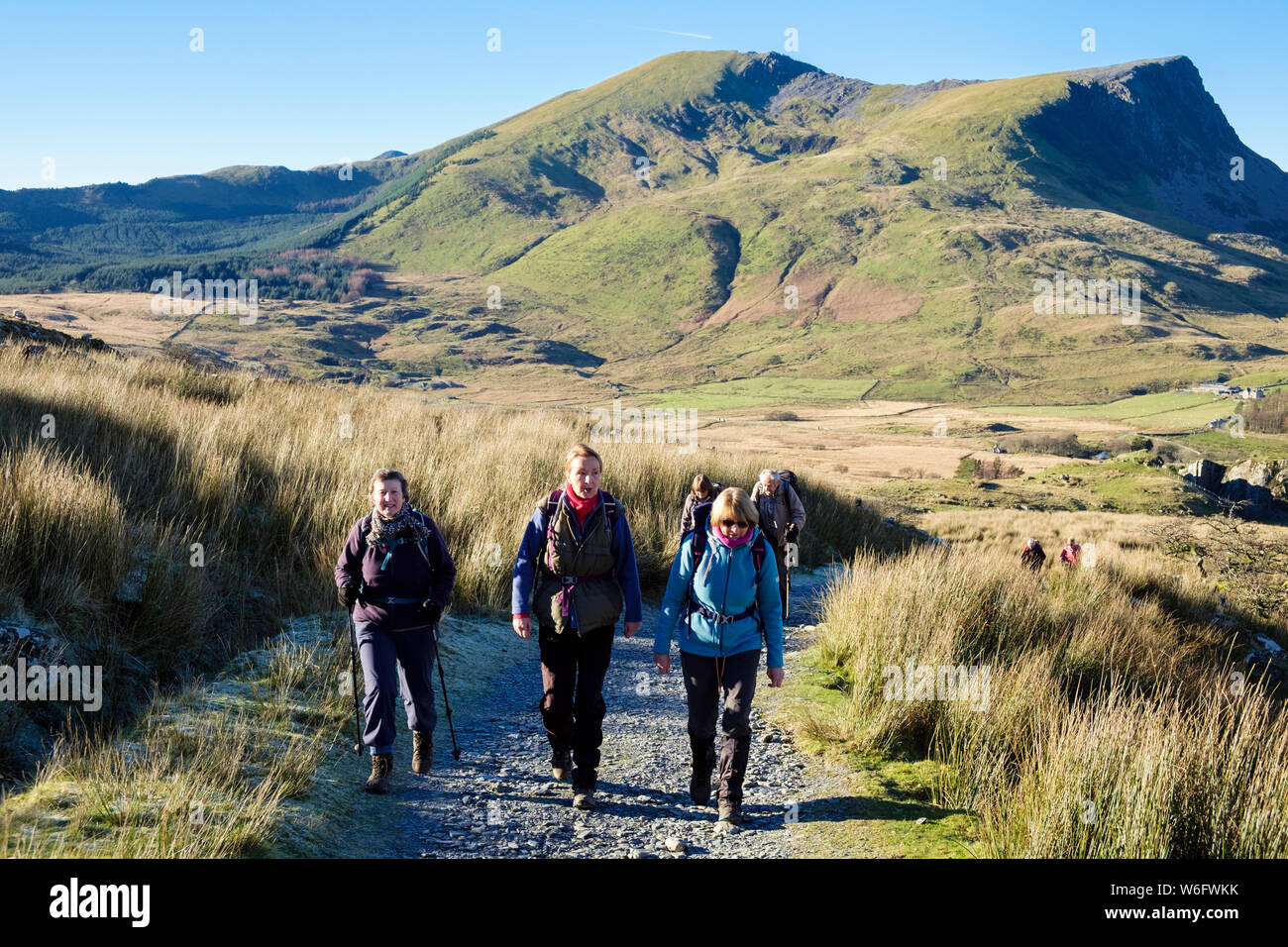 Wanderer wandern auf Bergarbeiter Weg von Rhyd-Dddu mit Mynydd Mawr hinter in den Bergen des Snowdonia National Park. Rhyd-DDU, Gwynedd, Wales, Großbritannien Stockfoto