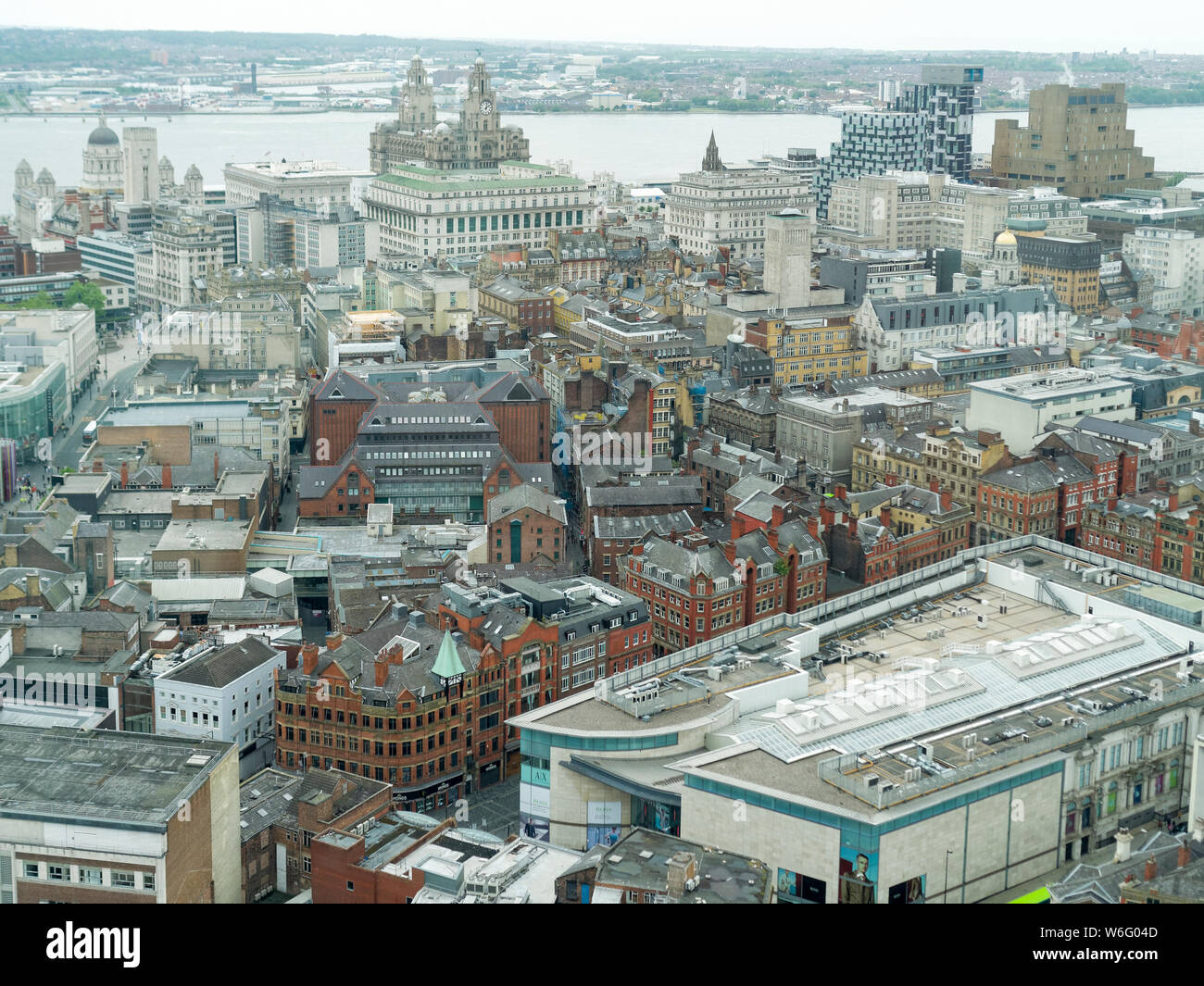 Die Antenne auf die Skyline von Liverpool City Centre aus dem Radio City Turm gebaut im Jahr 1969. Stockfoto