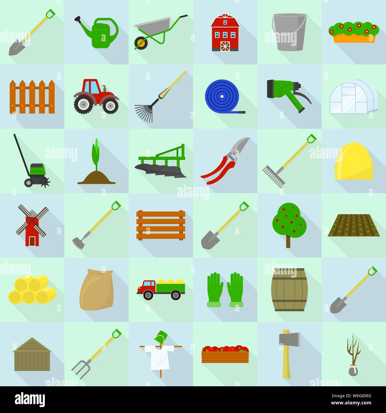 Landwirtschaftliche Geräte Symbole, flacher Stil Stock Vektor