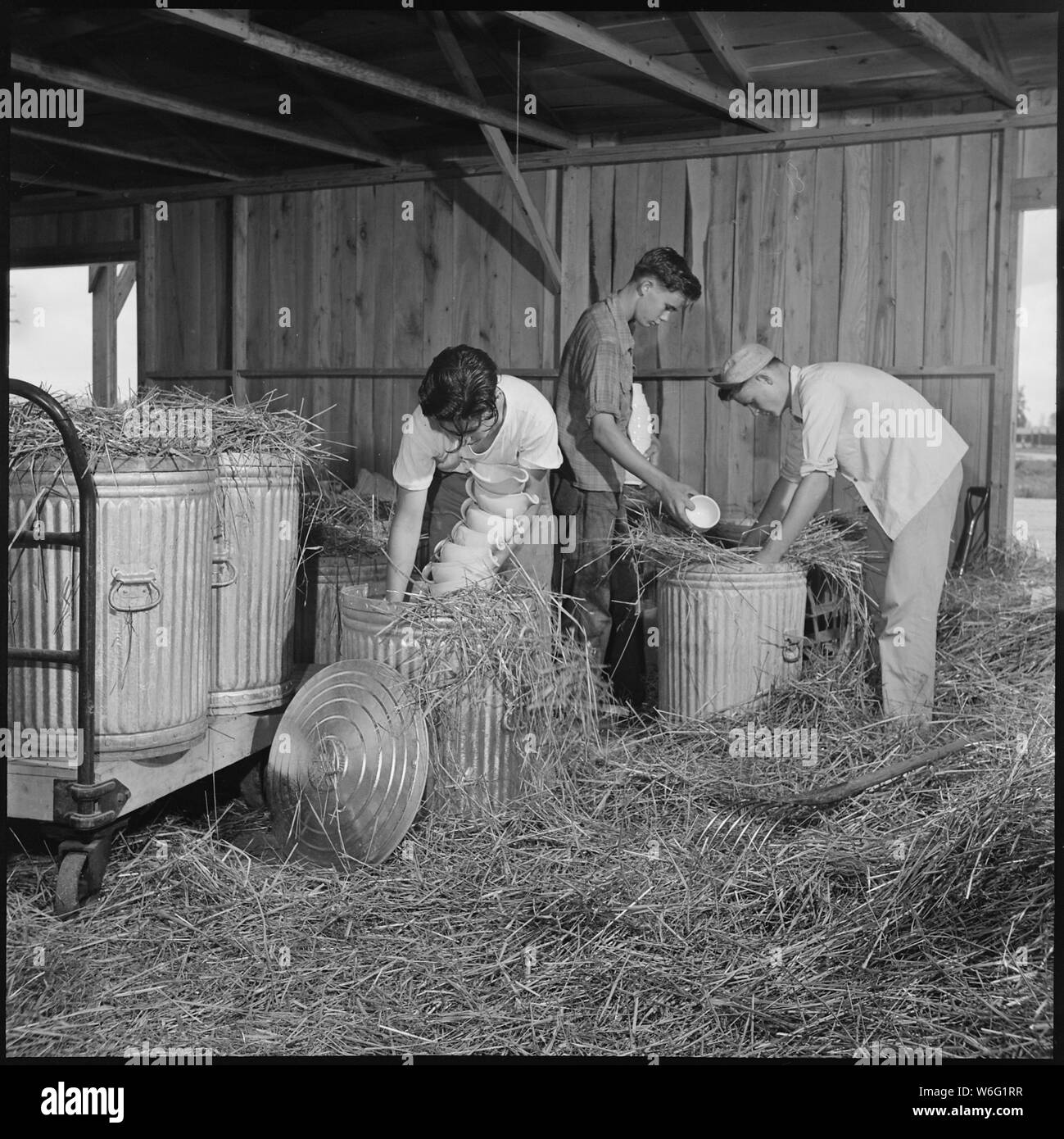 Schließen der Jerome Relocation Center, Denson, Arkansas. Gerichte aus den 33 Jerome durcheinander. . .; Umfang und Inhalt: Der vollständige Titel für dieses Foto lautet: Schließen der Jerome Relocation Center, Denson, Arkansas. Gerichte aus den 33 Jerome messhalls waren im Stroh verpackt und in großen G.I. Dosen für den Versand in andere Zentren. Das Stroh wurde in einem nahe gelegenen Bauernhof gekauft. Stockfoto