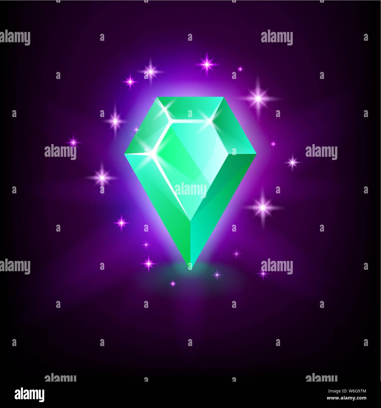 Birne grün Emerald glänzenden Edelstein mit magischen Leuchten und Sterne auf dunklem Hintergrund Vector Illustration. Stock Vektor